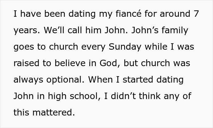 Screenshot of text discussing a 7-year relationship and different religious views on church attendance for marriage advice. Screenshot of text discussing a 7-year relationship and different religious views on church attendance for marriage advice.