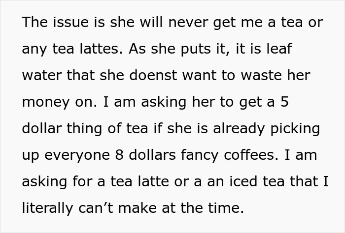 Screenshot of text detailing MIL's tea order frustration because DIL won't get her tea, escalating the coffee order issue.