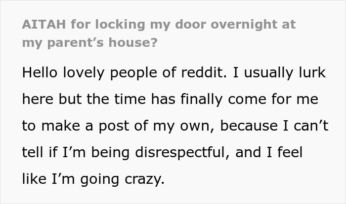 Screenshot of a Reddit post asking if it's wrong to lock a door, illustrating the dilemma with a controlling mom. Screenshot of a Reddit post asking if it's wrong to lock a door, illustrating the dilemma with a controlling mom.