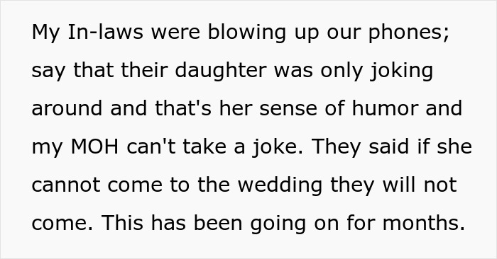 Text describing the in-laws reaction, claiming the SIL was joking after bullying the bride's deaf cousin. Text describing the in-laws reaction, claiming the SIL was joking after bullying the bride's deaf cousin.