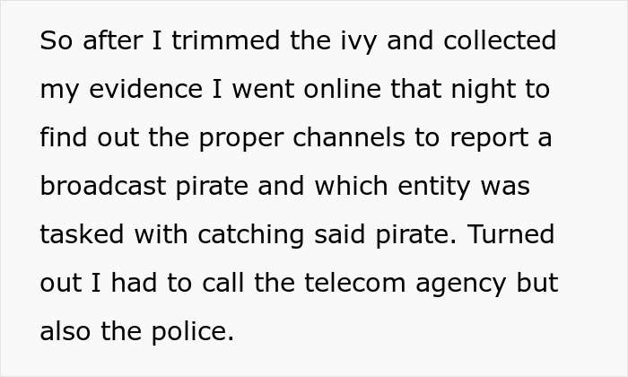 Text snippet: New parents report a rude neighbor's illegal antenna after he blasts his radio nightly. Text snippet: New parents report a rude neighbor's illegal antenna after he blasts his radio nightly.