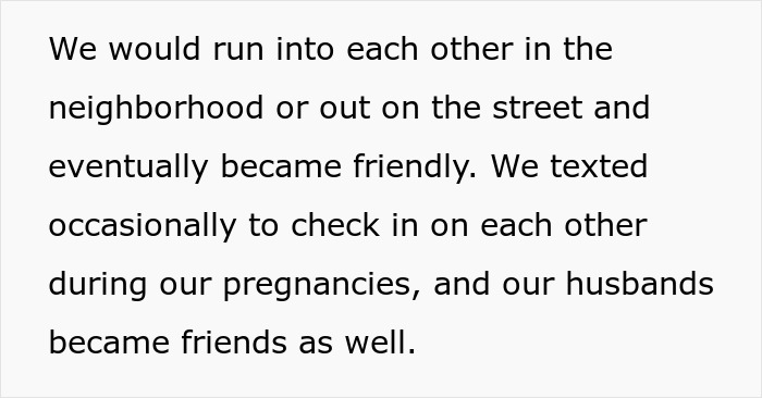 Text snippet explaining the evolving friendship between two wives and husbands during pregnancy, leading to a miscommunication.