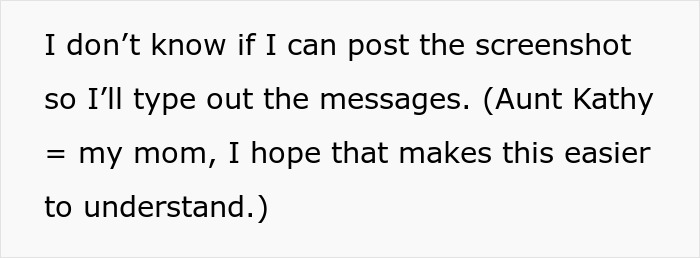 Screenshot of text explaining that a screenshot of messages cannot be posted, so they will be typed out, related to toxic sis infertility. Screenshot of text explaining that a screenshot of messages cannot be posted, so they will be typed out, related to toxic sis infertility.