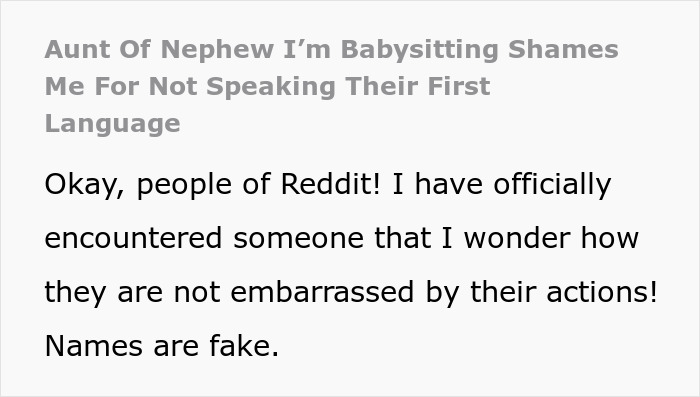 Screenshot of text about an aunt bullying a babysitter for not speaking her language.