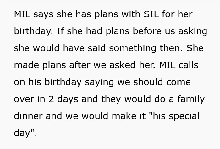 Text snippet about MIL making plans with spoiled SIL for her birthday, skipping grandson's first birthday. Text snippet about MIL making plans with spoiled SIL for her birthday, skipping grandson's first birthday.