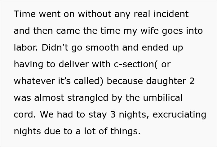 Screenshot of text detailing the new parents' difficult labor and c-section, disturbing new parents. Screenshot of text detailing the new parents' difficult labor and c-section, disturbing new parents.