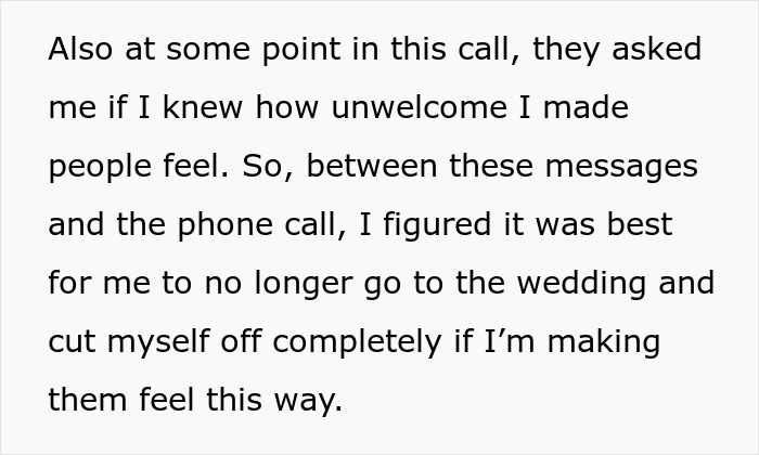 Screenshot of text about feeling unwelcome and deciding to skip the wedding due to friendship ending with hurtful messages. Screenshot of text about feeling unwelcome and deciding to skip the wedding due to friendship ending with hurtful messages.