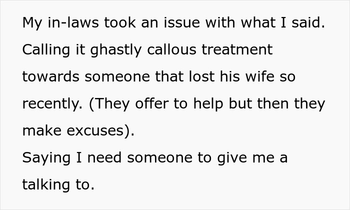 A screenshot of a text where in-laws criticize the SIL's treatment of the grieving guy. A screenshot of a text where in-laws criticize the SIL's treatment of the grieving guy.