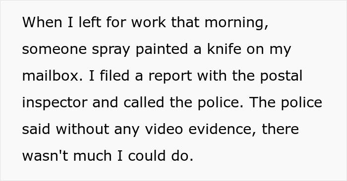Text recounts a new neighbor's eerie behavior: a knife spray painted on a mailbox, leading to a police report.