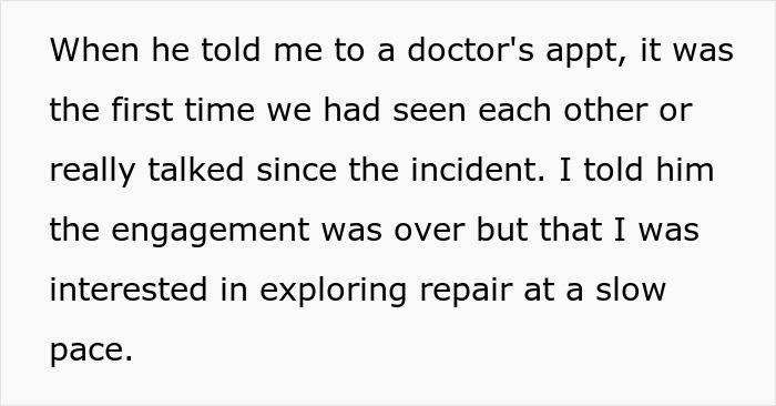 Text about a woman after medical emergency, ending engagement but open to slow-paced repair with fiancé. Text about a woman after medical emergency, ending engagement but open to slow-paced repair with fiancé.