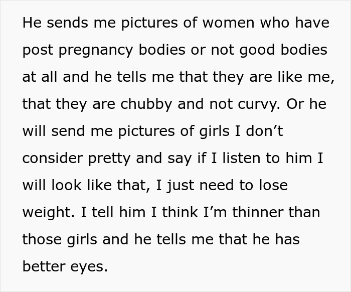 Screenshot of text about a guy calling his dream girl chubby and trying to fix her by sending photos of women with post-pregnancy bodies. Screenshot of text about a guy calling his dream girl chubby and trying to fix her by sending photos of women with post-pregnancy bodies.