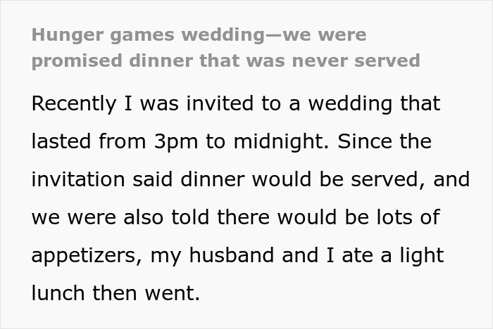 Screenshot of text detailing a Hunger Games wedding where guests were promised dinner but only received appetizers. Screenshot of text detailing a Hunger Games wedding where guests were promised dinner but only received appetizers.