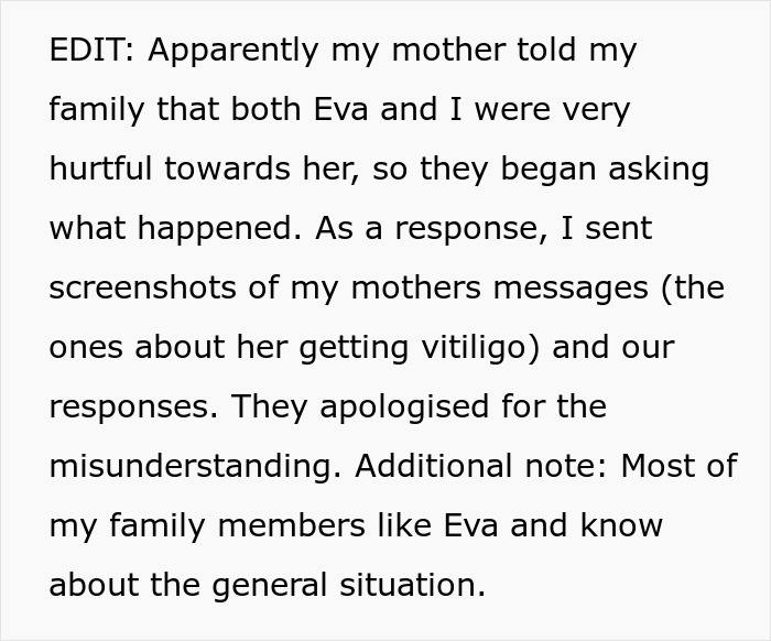 Screenshot of text explaining how family reacted to news about mom's vitiligo and past insults.