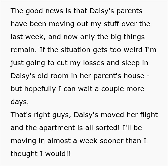 Text detailing moving plans, mentioning Daisy's parents helping and an early flight, linked to friends playing each other. Text detailing moving plans, mentioning Daisy's parents helping and an early flight, linked to friends playing each other.