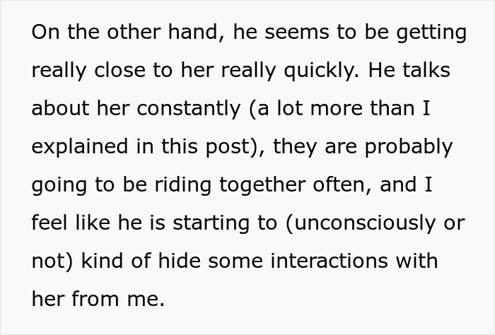 Screenshot of text detailing a boyfriend getting too close to a female coworker, creating issues for the girlfriend.