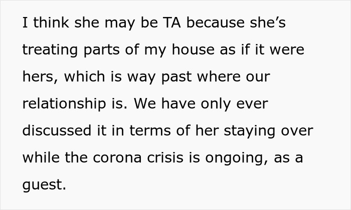 A screenshot of a forum post explaining a woman's behavior in a guy's house and her disregard for boundaries.