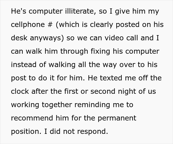 Text detailing how a woman gave her coworker her number for tech help, and he used it to ask if she is married or single.