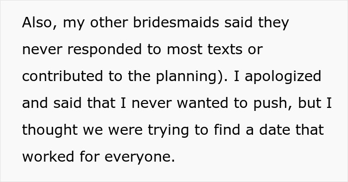 Text showing a bachelorette date dispute, where bridesmaids didn't respond or plan, and friendship ending. Text showing a bachelorette date dispute, where bridesmaids didn't respond or plan, and friendship ending.