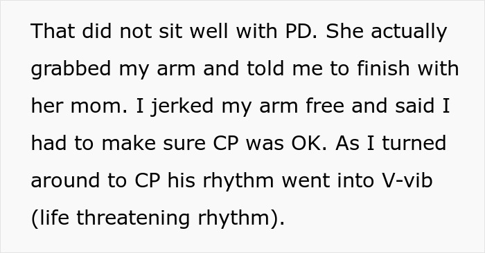 Text about an ER nurse encountering a difficult individual while a patient's rhythm went into a life-threatening V-fib. Text about an ER nurse encountering a difficult individual while a patient's rhythm went into a life-threatening V-fib.
