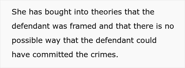 Text snippet explaining a wife's belief in theories about a defendant being framed in a criminal trial.