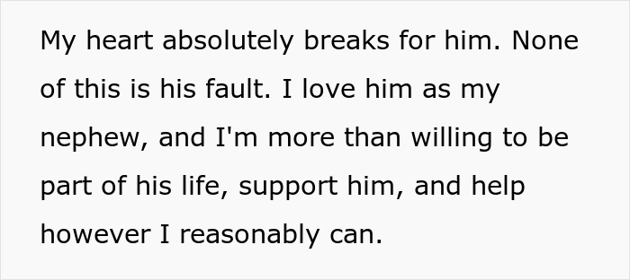 A woman expressing her deep empathy and willingness to support her orphaned nephew, though not as a primary caregiver. A woman expressing her deep empathy and willingness to support her orphaned nephew, though not as a primary caregiver.