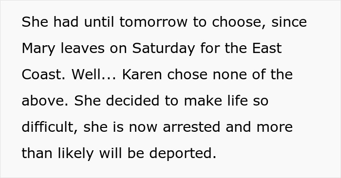 Screenshot revealing the half-sis refusal of options, leading to arrest and deportation, related to infertility taunts.