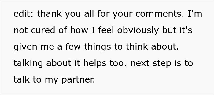 A screenshot of an update from a mom's confession, thanking for comments and planning to talk to her partner about having a baby with Down syndrome.