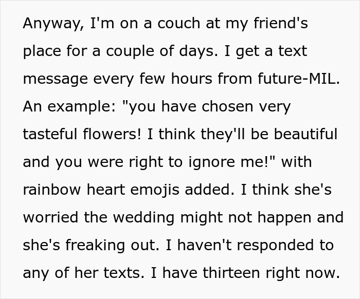 Text describing a bride receiving numerous messages from her future MIL about the wedding. Text describing a bride receiving numerous messages from her future MIL about the wedding.
