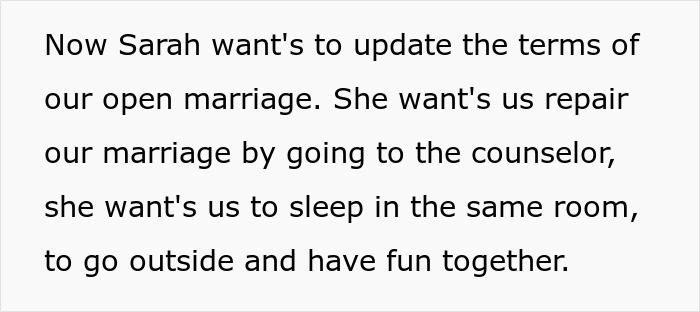 A screenshot of a text about an open marriage, where the wife, Sarah, wants to change the marriage rules. A screenshot of a text about an open marriage, where the wife, Sarah, wants to change the marriage rules.