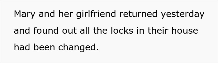Text describing a woman and her girlfriend found changed locks, highlighting infertility challenges.
