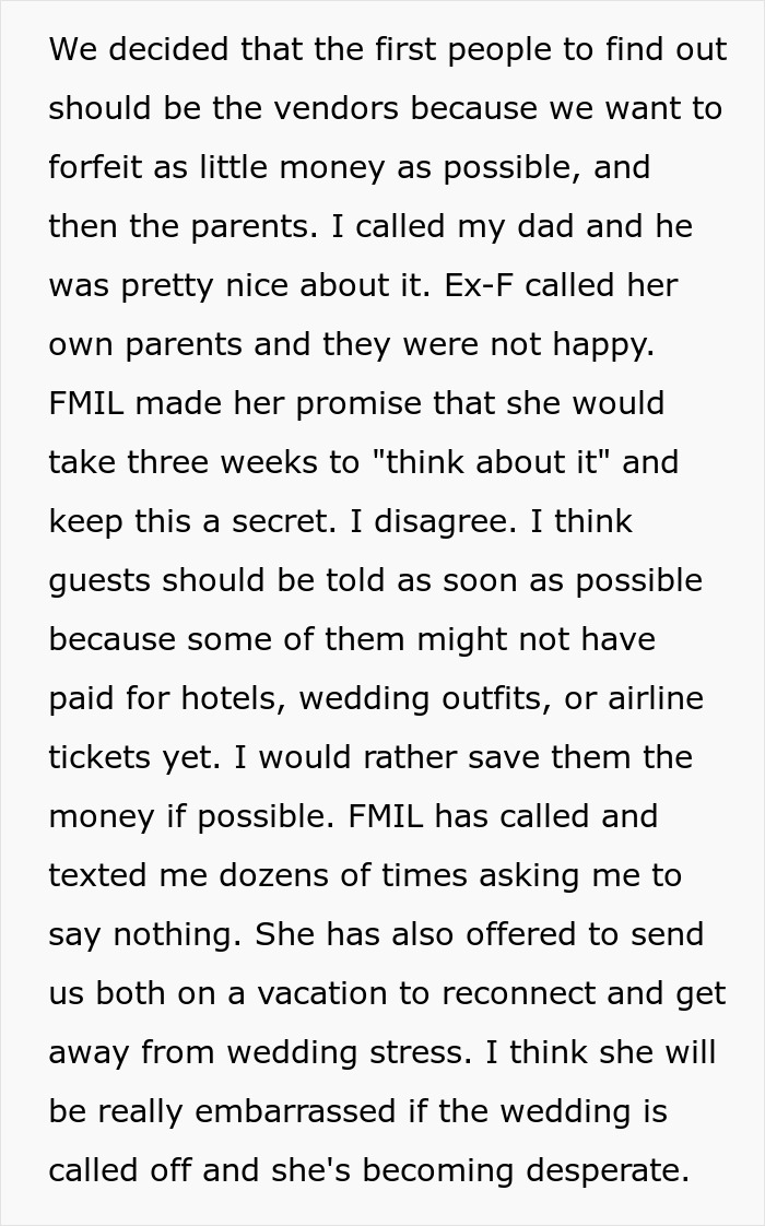 A bride discusses telling guests about canceling the wedding, facing her future MIL's objections. A bride discusses telling guests about canceling the wedding, facing her future MIL's objections.