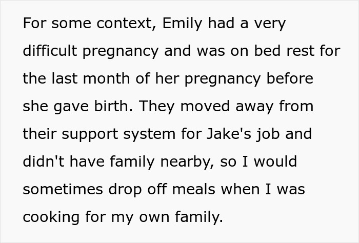 Text describing a difficult pregnancy for a neighbor, involving bed rest and support, contributing to a miscommunication.