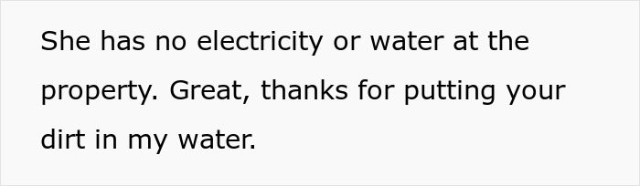 Text detailing how the squatter has no electricity or water, polluting the neighbor's pool water. Text detailing how the squatter has no electricity or water, polluting the neighbor's pool water.