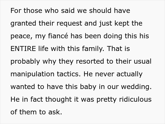 A screenshot of text explaining a fiancé's history of manipulation, related to a wedding dispute with in-laws. A screenshot of text explaining a fiancé's history of manipulation, related to a wedding dispute with in-laws.