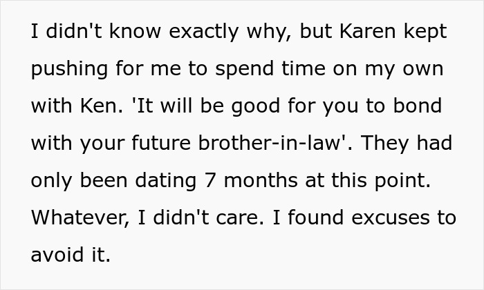 Text explaining a woman being pushed to spend time with her future brother-in-law, related to infertility and motherhood.