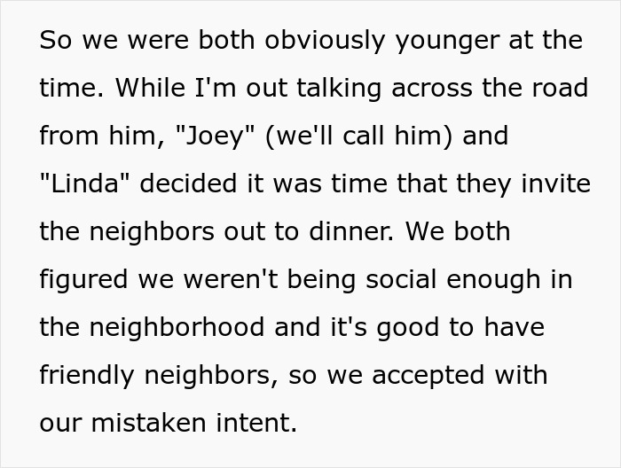 Text snippet: Neighbors invited the couple to dinner, who believed they found fun dinner buddies. Text snippet: Neighbors invited the couple to dinner, who believed they found fun dinner buddies.