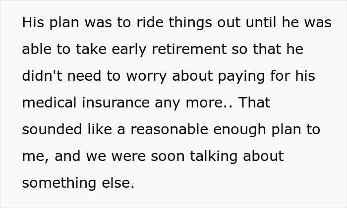 Text detailing the workplace bully's plan for early retirement, as he steals credit and is caught by secret recording. Text detailing the workplace bully's plan for early retirement, as he steals credit and is caught by secret recording.