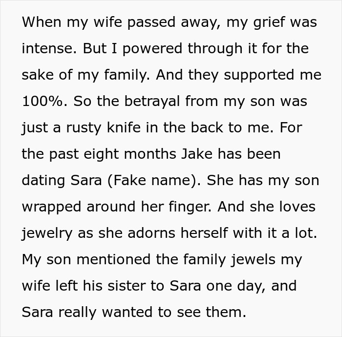 Text about intense grief and a son's betrayal, leading to the son stealing the family heirloom for a proposal. Text about intense grief and a son's betrayal, leading to the son stealing the family heirloom for a proposal.