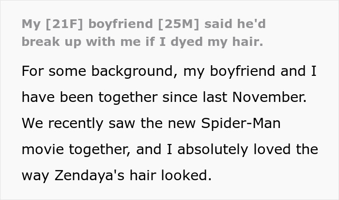 A screenshot of text on a screen. The main character says, 'My boyfriend said he'd break up with me if I dyed my hair.'