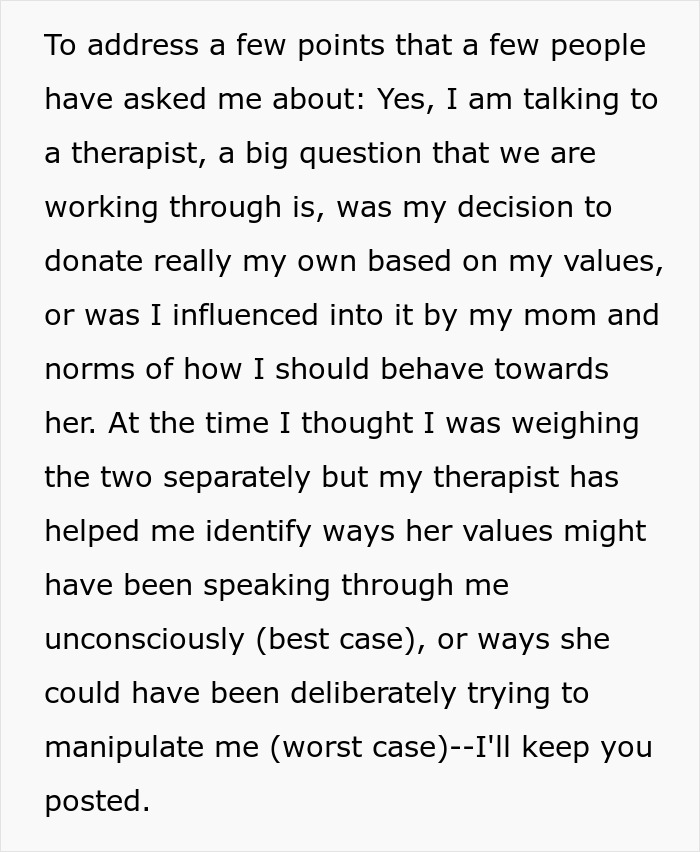 Text discussing therapy to process the decision to donate a kidney to her sick mom and the costly price she paid. Text discussing therapy to process the decision to donate a kidney to her sick mom and the costly price she paid.