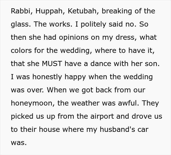 Screenshot of text revealing the mother-in-law's opinions on the wedding, highlighting control in marriage. Screenshot of text revealing the mother-in-law's opinions on the wedding, highlighting control in marriage.