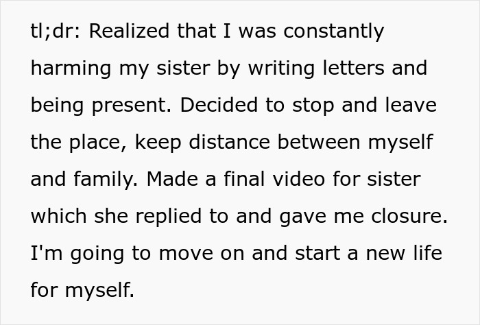 Summary text about leaving family, making a video for sister, and finding closure after a violent fight with sister as a teen.