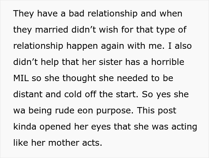 A text discussing the DIL's reasons for pettiness towards MIL, stemming from family relationships and a coffee order issue.