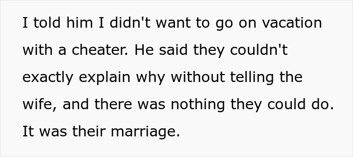 Text snippet about not wanting to go on vacation with a cheater, part of the exposed affair story. Text snippet about not wanting to go on vacation with a cheater, part of the exposed affair story.