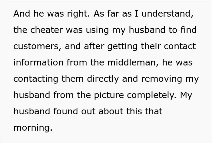 Husband discovers a cheater was using him for customers, exposing affair before group vacation. Husband discovers a cheater was using him for customers, exposing affair before group vacation.