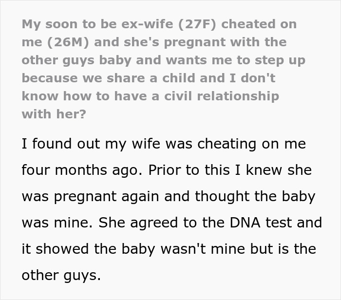Text detailing how a wife cheats and makes ludicrous demands after getting pregnant by another man. Text detailing how a wife cheats and makes ludicrous demands after getting pregnant by another man.