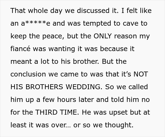 A screenshot of text about a wedding dispute, highlighting an argument over an in-law's request for the wedding.