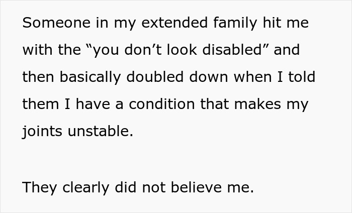 Text describing a family member doubting a woman's disability and unstable joints.