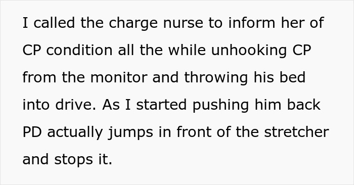 Text describing an ER nurse calling for help and moving a patient while facing interference. Text describing an ER nurse calling for help and moving a patient while facing interference.