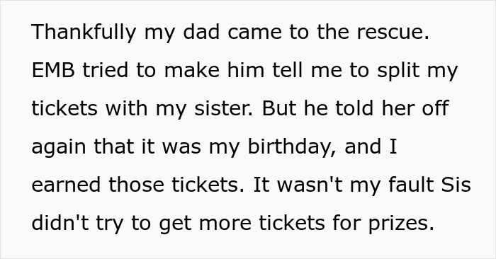 Text about the dad rescuing the brother from the enabling mom, defending his earned tickets from the spoiled sister. Brother's nightmare. Text about the dad rescuing the brother from the enabling mom, defending his earned tickets from the spoiled sister. Brother's nightmare.